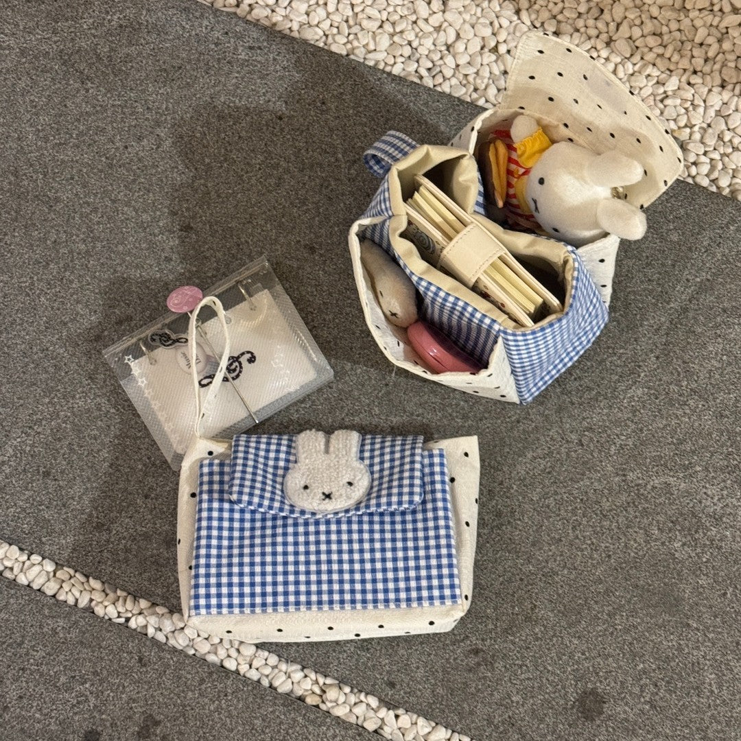 Cute Rabbit Applique Checkered Cosmetic Organizer Bag with Polka Dot Design for Daily Use