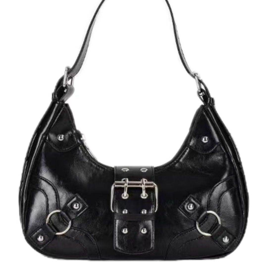 Urban Chic Crescent Shoulder Bag with Buckle and Stud Details for Daily Style