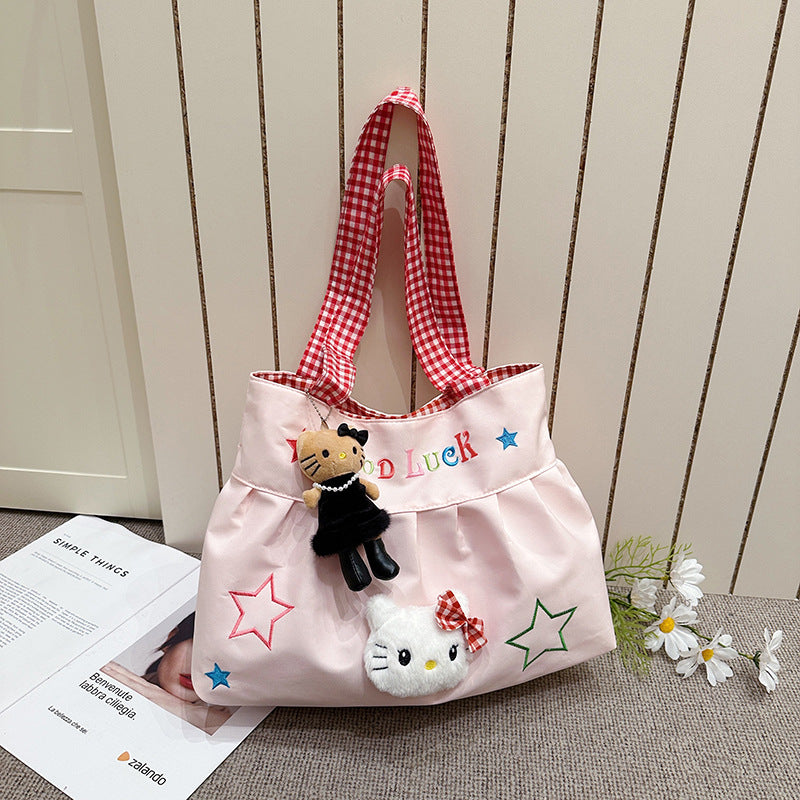Cute Korean Style Versatile Kitty Pleated Handbag Women's New Large Capacity Commuter out Shoulder Bag