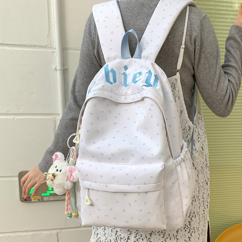 Cute Pink Letter Embroidery Backpack with Plush Keychain for Girls - Stylish and Functional School Bag