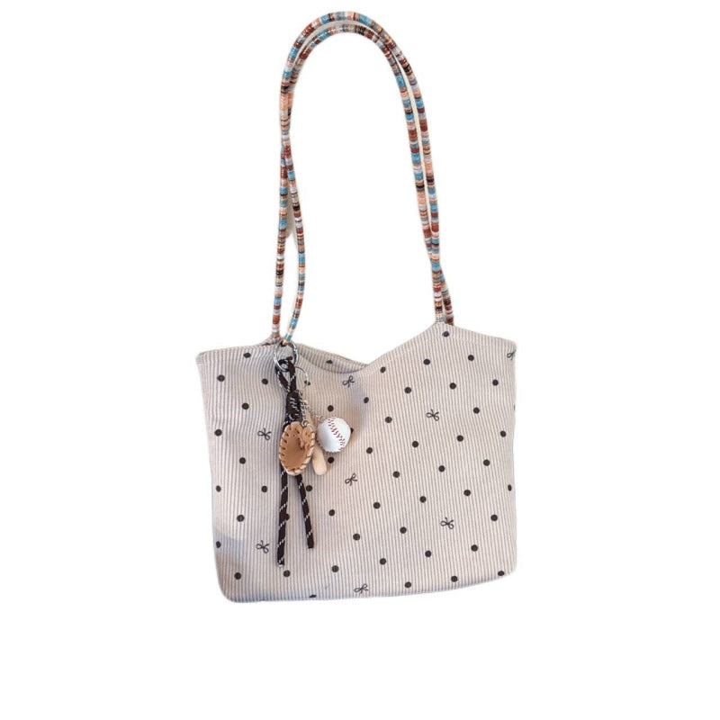 New Women's Tote Retro Corduroy Polka Dot Bow Fashion Shoulder Commuter Bag Everyday Joker