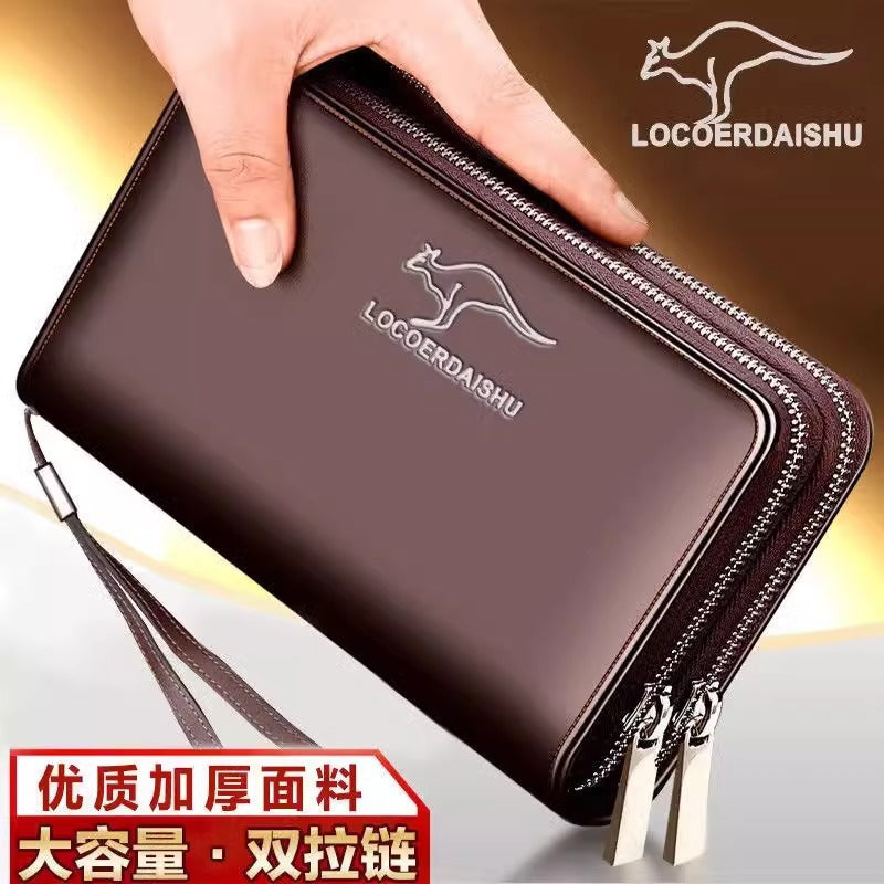 Stylish Men's Long Wallet with Multiple Card Slots, Waterproof PU Leather, Zipper Closure and Wrist Strap for Business Travel