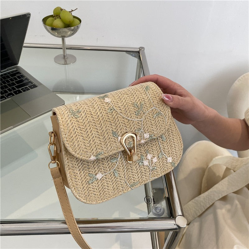 Chic Embroidered Woven Crossbody Bag for Women, Fashionable Casual Style with Golden Clasp and Adjustable Strap
