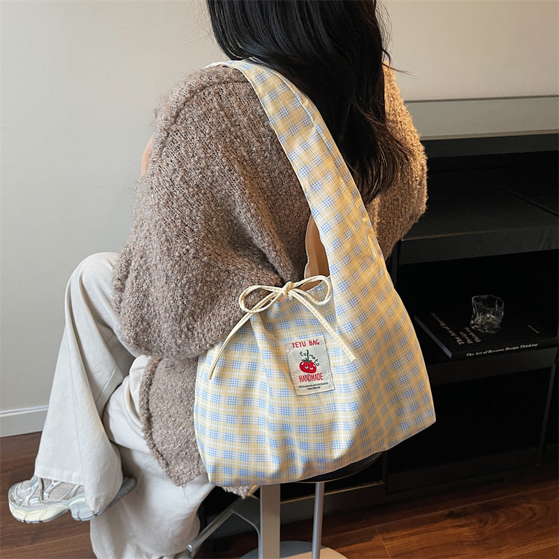 Cute Plaid Shoulder Bag for Women, Soft Nylon Casual Shopping Tote with Drawstring Design, Perfect for Daily Use and Commuting