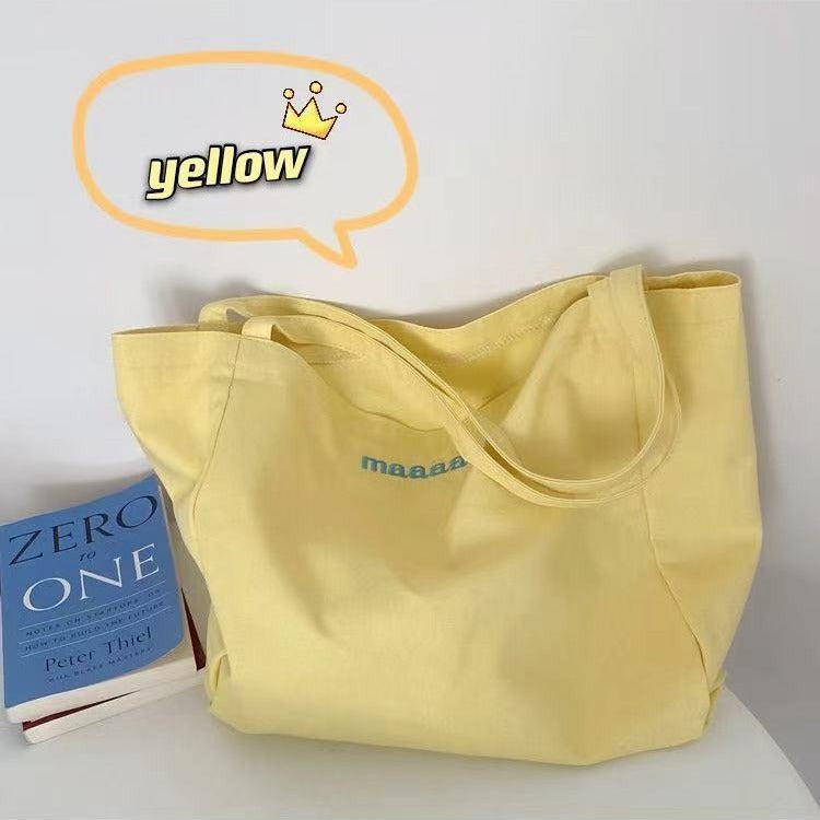 Cute Candy Color Canvas Tote Bag with Letter Print and Fluffy Charm for Daily Use and School