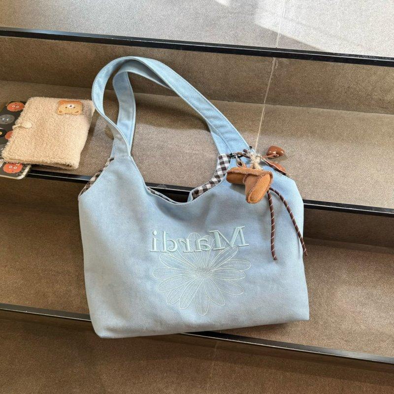 Korean Style Retro Embroidered Tote Bag for Women, Large Capacity Casual Shoulder Crossbody Bag with Floral Design and Cute Keychain