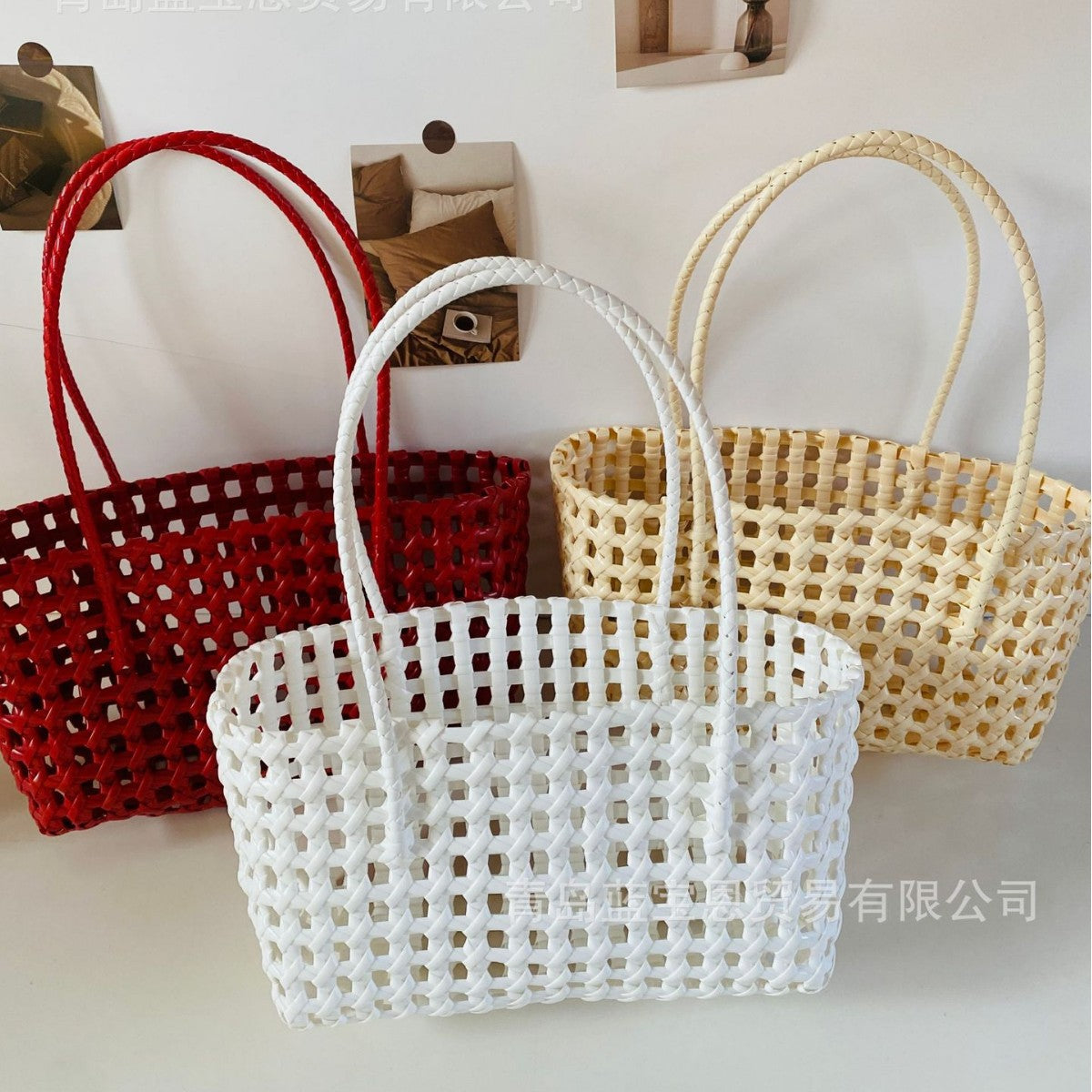 Handbag Weaving Hollow Vegetable Basket Bag PVC Commuter Tote Straw Bag