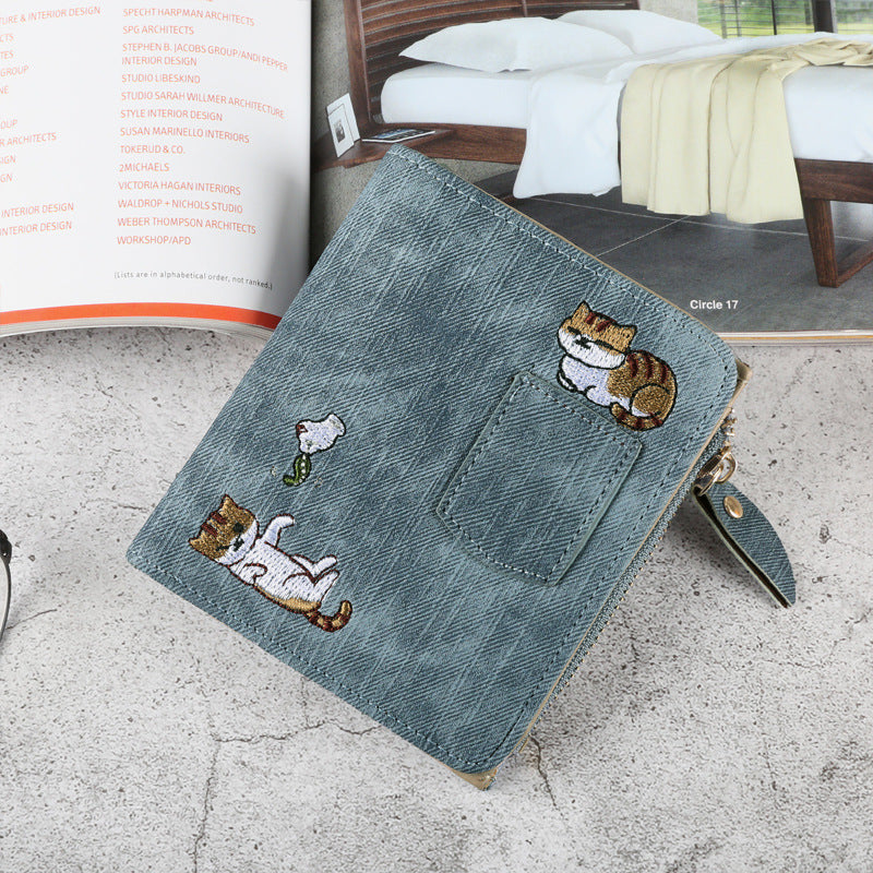 Cute Embroidered Cat Design Wallet for Women, Stylish Denim Look with Zipper Closure and Multiple Pockets