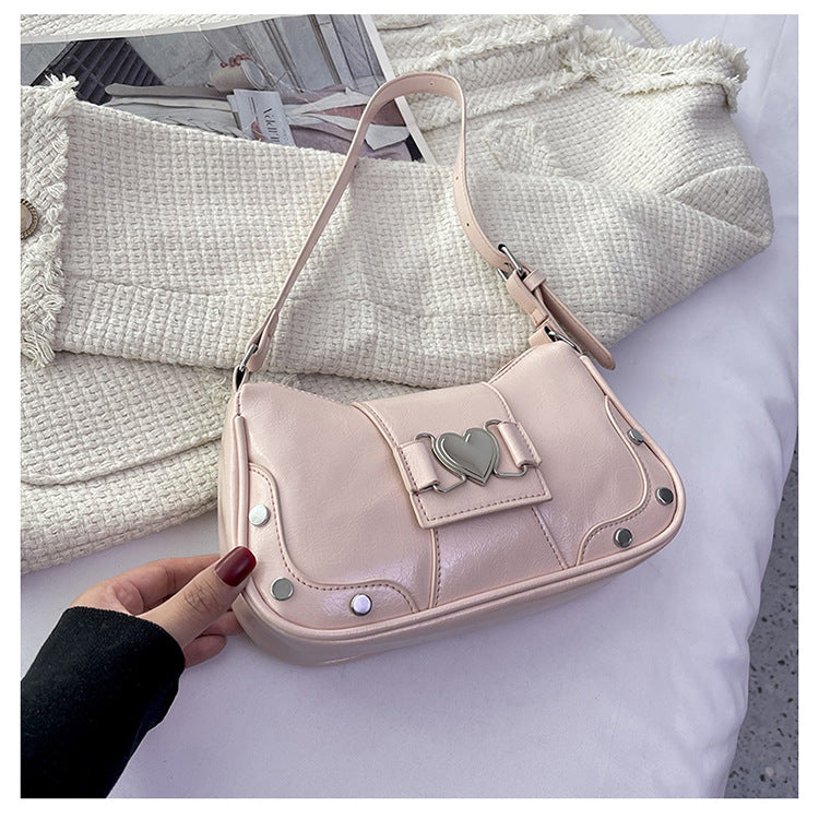 Chic Minimalist Shoulder Bag with Heart Buckle Design for Women, Trendy Crossbody Bag with Rivet Details