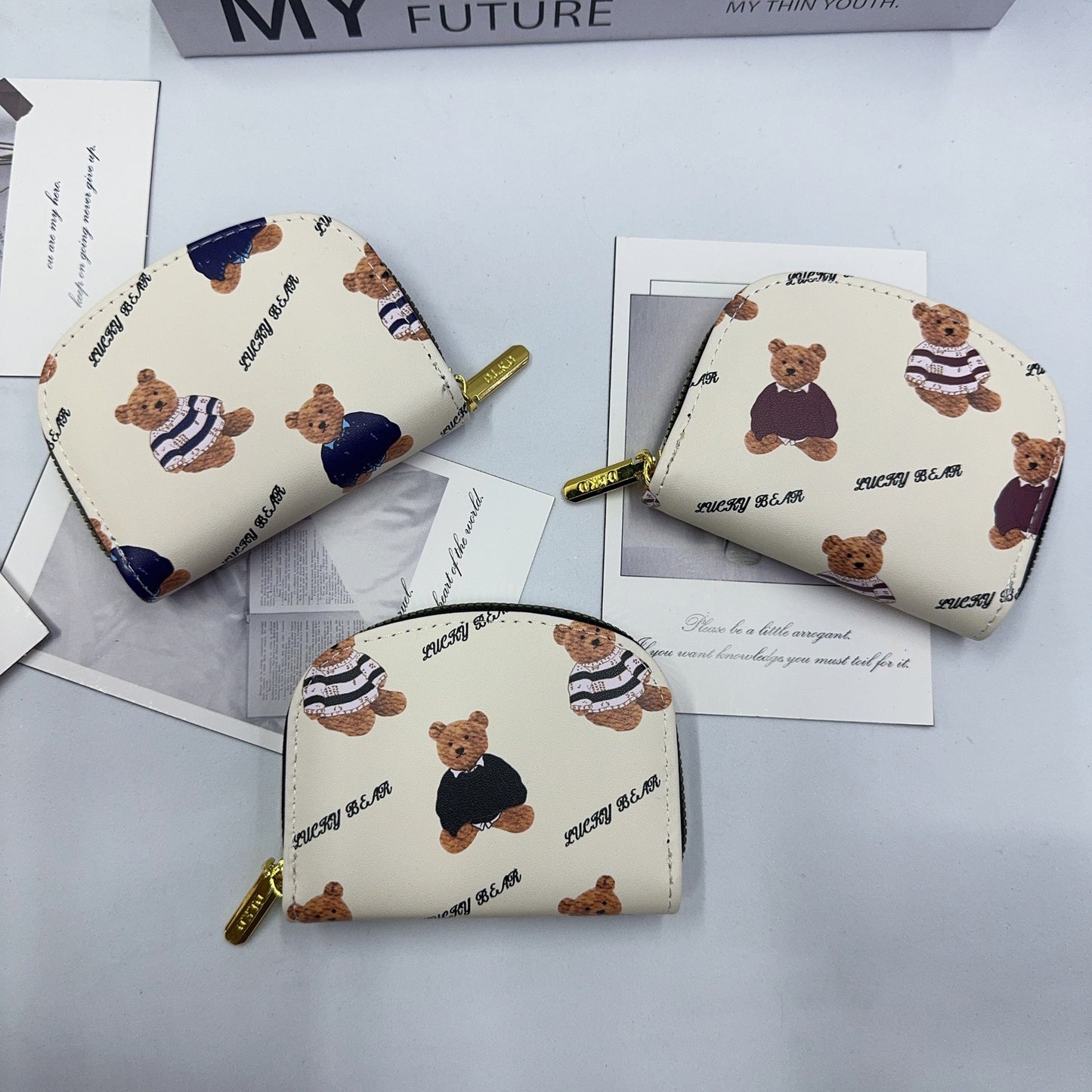Cute Bear Pattern PU Card Holder for Women and Students, Anti-Magnetic Multi-Card Wallet with Zipper Closure