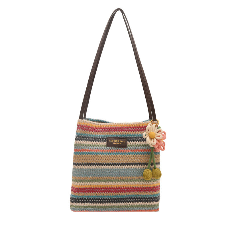 New Woven Tote Bag Flower Ornaments Beach Vacation Style Women's Shoulder Crossbody Straw Bag