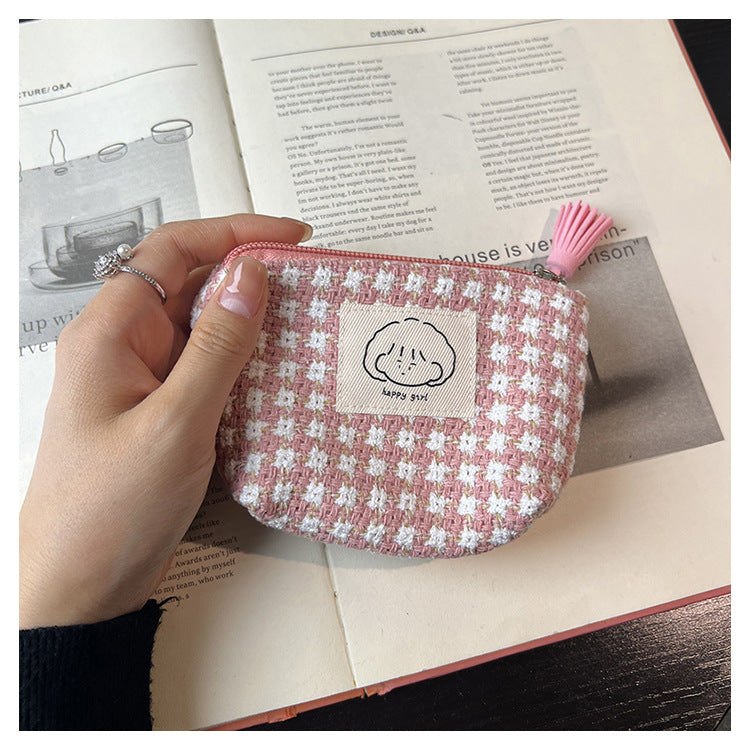 Japanese Style Simple Small Wallet Girls' Woven Plaid Fabric Bag Mini Zipper Coin Pocket