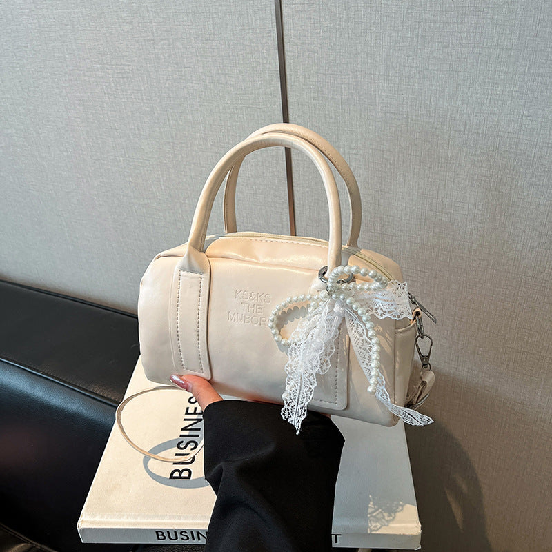 Chic Pearl Bow Boston Bag Women's Fashion Handbag with Lace Detailing for Everyday Style