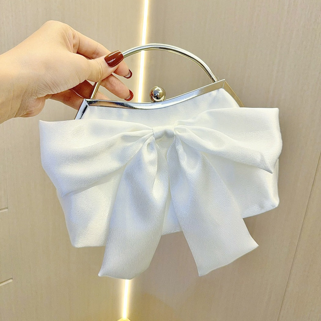 Elegant White Bow Handbag with Metal Handle for Wedding and Evening Events, Soft Satin Design with Inner Pockets