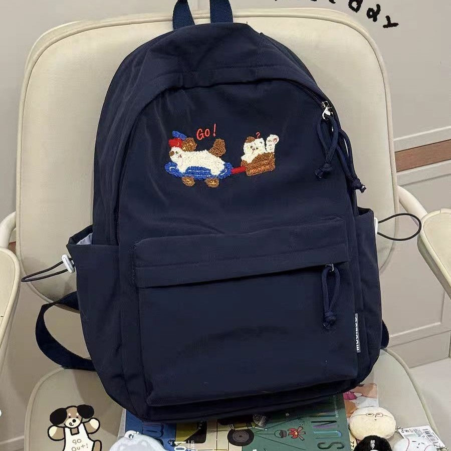 Cute Embroidered Cartoon Dog Backpack for Teens and Students, Stylish Daily Use with Large Capacity and Comfortable Design
