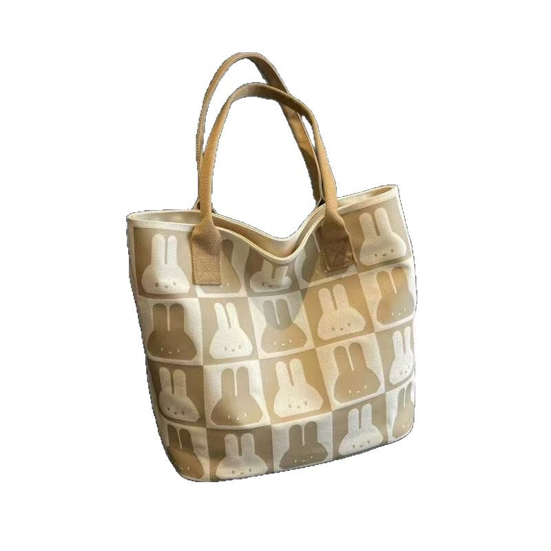 Large Capacity Rabbit Print Canvas Tote Bag for Women, Stylish Summer Shoulder Bag with Phone Pocket, Perfect for School and Commuting