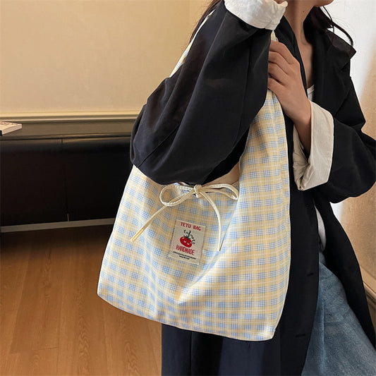 Korean Style Cartoon Tomato Plaid Tote Bag with Large Capacity, Fashionable Crossbody Bag for Students and Daily Use