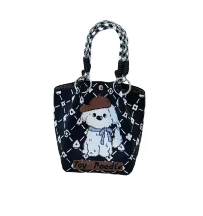 Black and White Rhombus Knitted Tote Bag Women's Casual Versatile Large Capacity Messenger Bag Handbag
