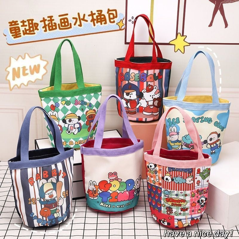 Cute Ice Skating Club Canvas Tote Bag for Kids and Teens, Fashionable Bucket Style with Cartoon Print, Perfect for Daily Use and School