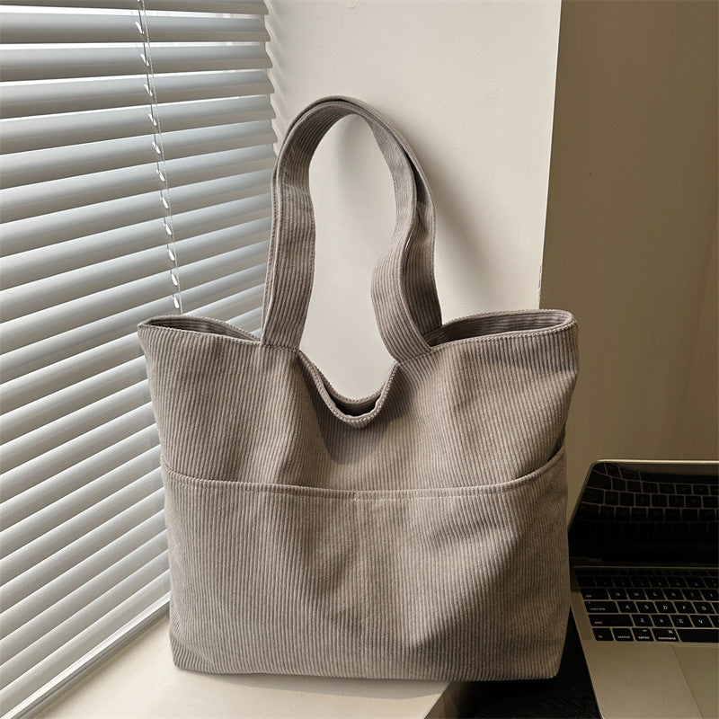 Corduroy Bag Women's Korean-Style Large Capacity New Pure Color Artistic Student Shoulder Tote Bag