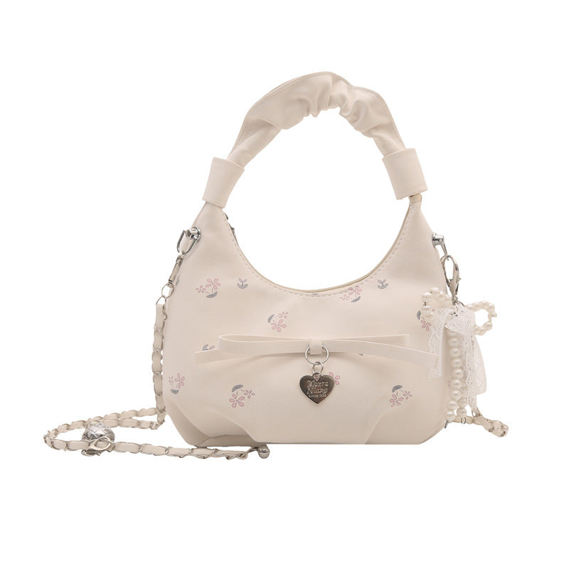 Korean Fashion Pleated Floral Print Crossbody Bag with Pearl Heart Charm for Women