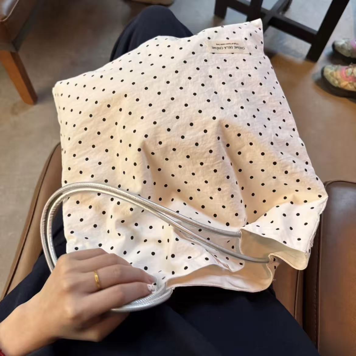 Polka Dot Canvas Tote Bag for Women, Large Capacity Casual Shoulder Bag with Minimalist Design, Perfect for Daily Commute and Shopping