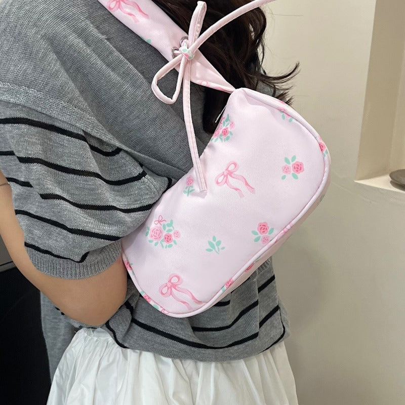 Shoulder Bag Female Gentle Sweet Drawstring New Good-looking All-Match Small Floral Canvas Diagonal Package