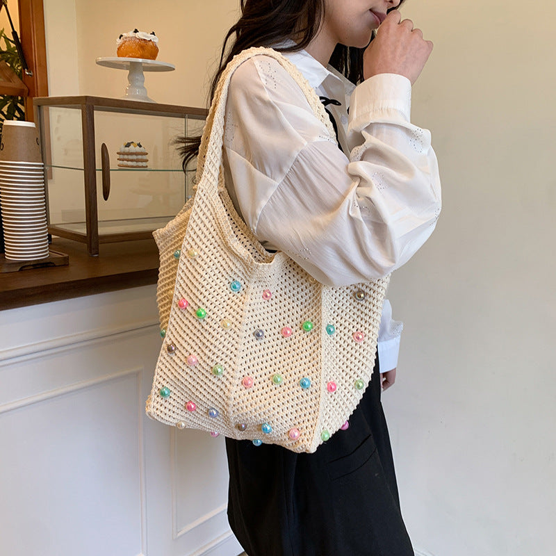 Idle Style Seaside Vacation Weaving Women's Summer New Pearl Hollowed-out Large Capacity Totes