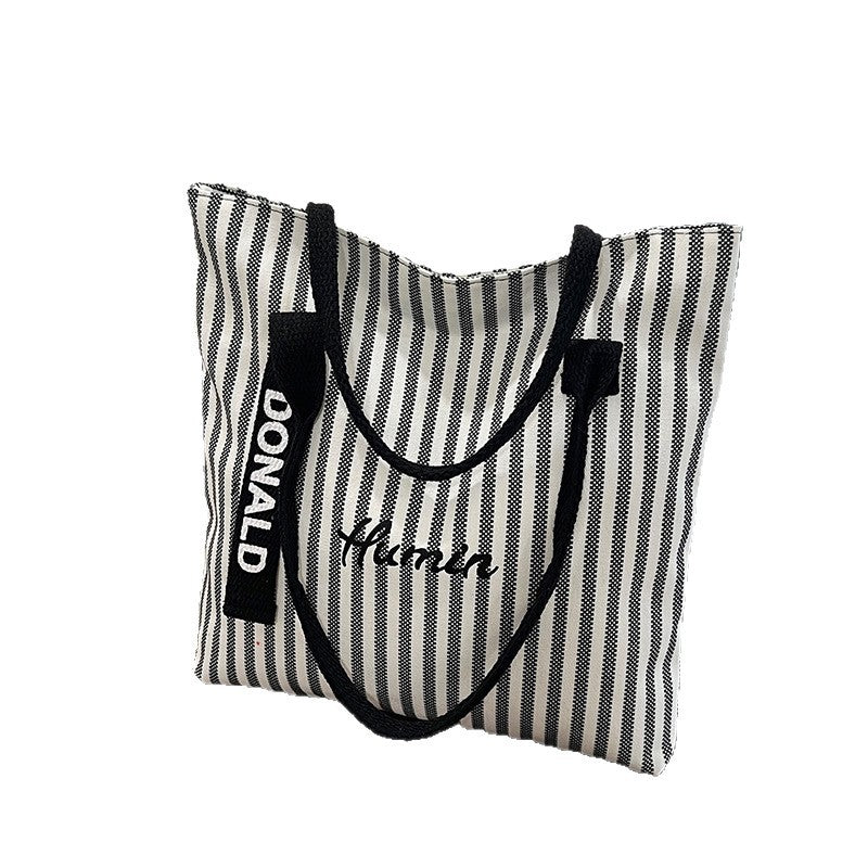 Summer Stripes Canvas Bag for Women New Large Capacity Tote Korean Style Shoulder Commuter Tote