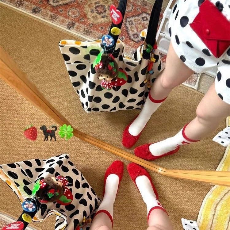 Shoulder Bag Female Korean Simple Polka Dot Idle Style Student Class Commuting Large Capacity Totes Double-Sided Canvas Bag