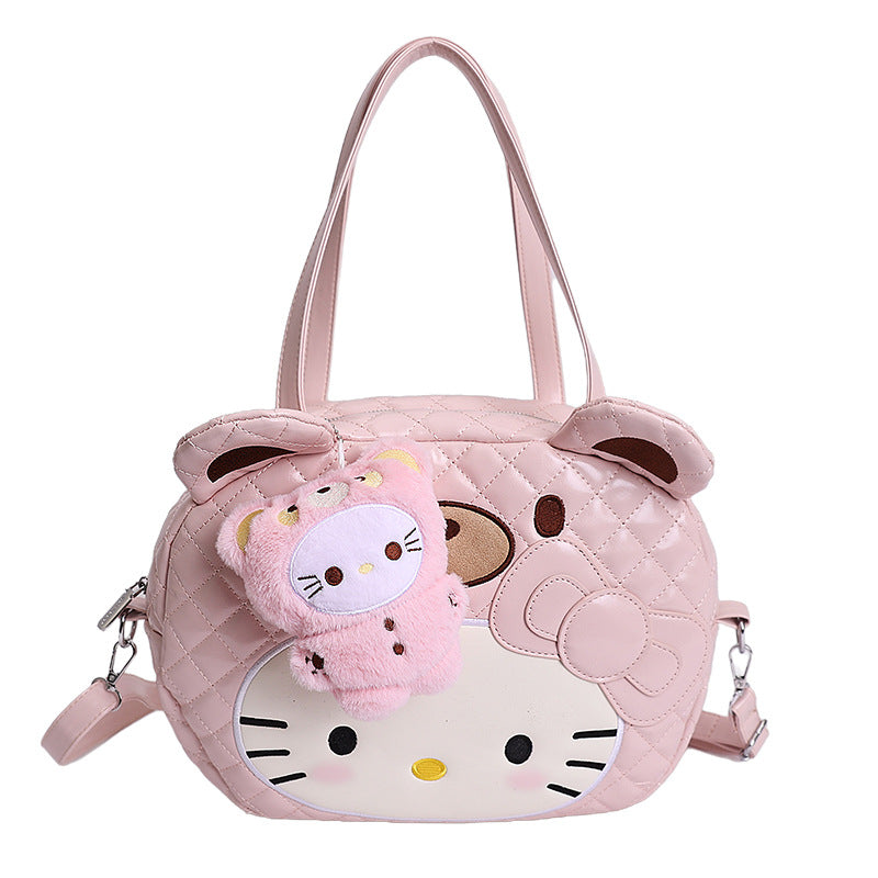 Cute Hello Kitty Quilted Shoulder Bag with Plush Charm, Fashionable and Sweet for Daily Use