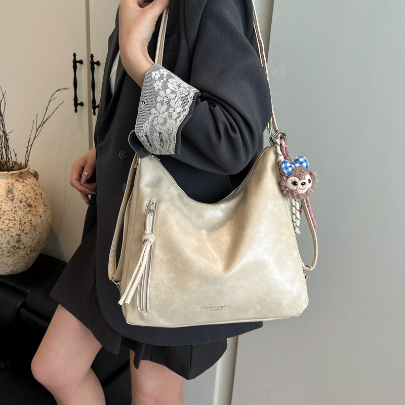 2025 New Korean Style Soft PU Tote Bag with Folded Design and Cute Charm, Perfect for Daily Commute and Casual Wear