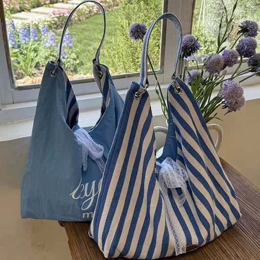 Striped Canvas Tote Bag for Women Summer Casual Large Capacity Shoulder Bag with Lace Detailing