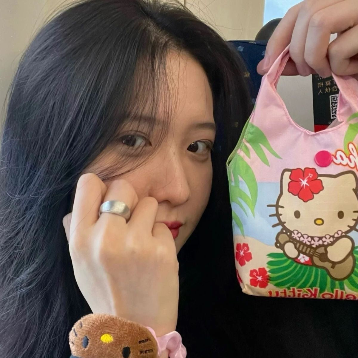 Cute Hello Kitty Mini Crossbody Bag with Plush Charm - Adorable Canvas Shoulder Bag for Daily Use and School