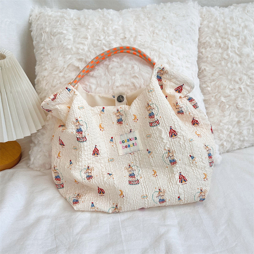 Korean Cartoon Embossed Canvas Bag Women's Large Capacity Canvas Bag Portable Beach Vacation Handbag