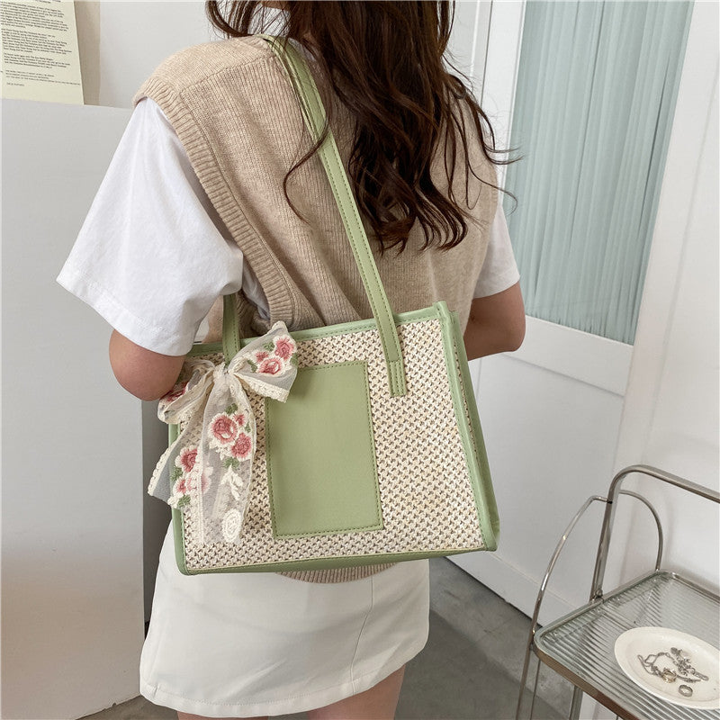Woven Tote Bag Women's Spring Fashion Embroidered Flower Bow Tie Large Capacity Retro Style Handbag