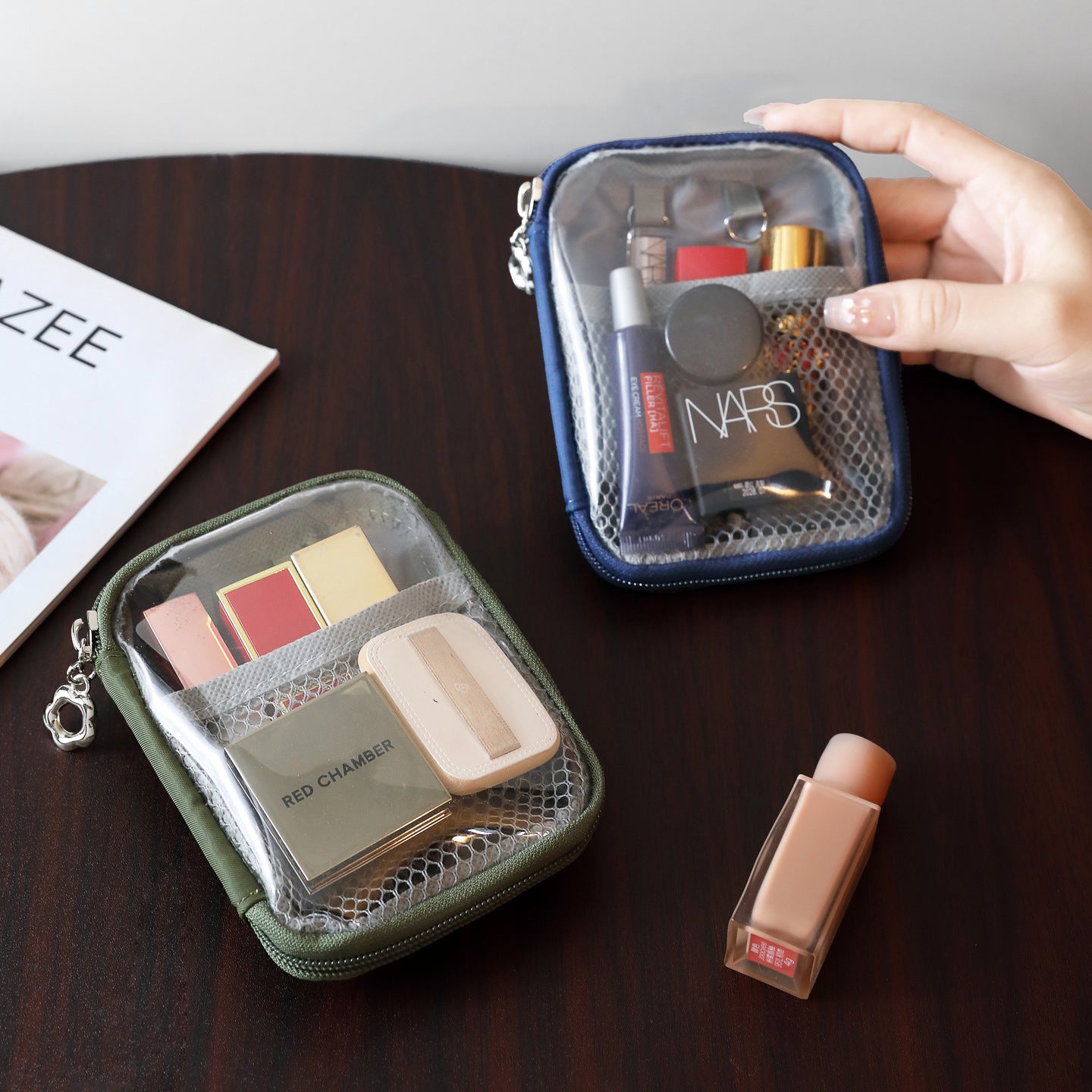 Portable Makeup Pouch with Mesh Compartment for Travel and Daily Use - Organized Cosmetic Storage Bag