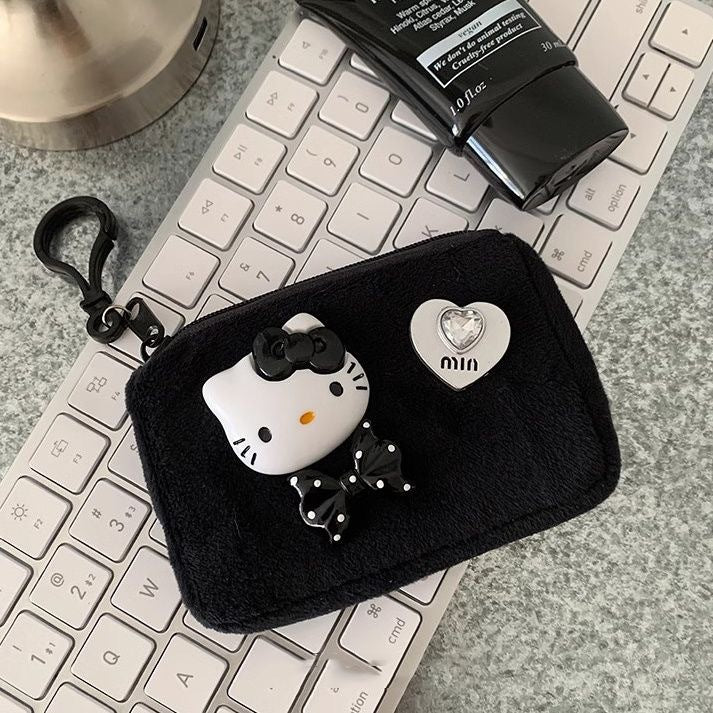Cute Fluffy Hello Kitty Mini Wallet with Heart Charm - Soft Zipper Card Holder for Earphones and Cards, Perfect for Couples