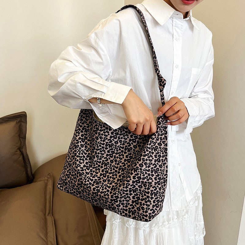 Leopard Print Canvas Tote Bag Women's Casual Shoulder Crossbody Bag Large Capacity Soft Style Fashion Trendy