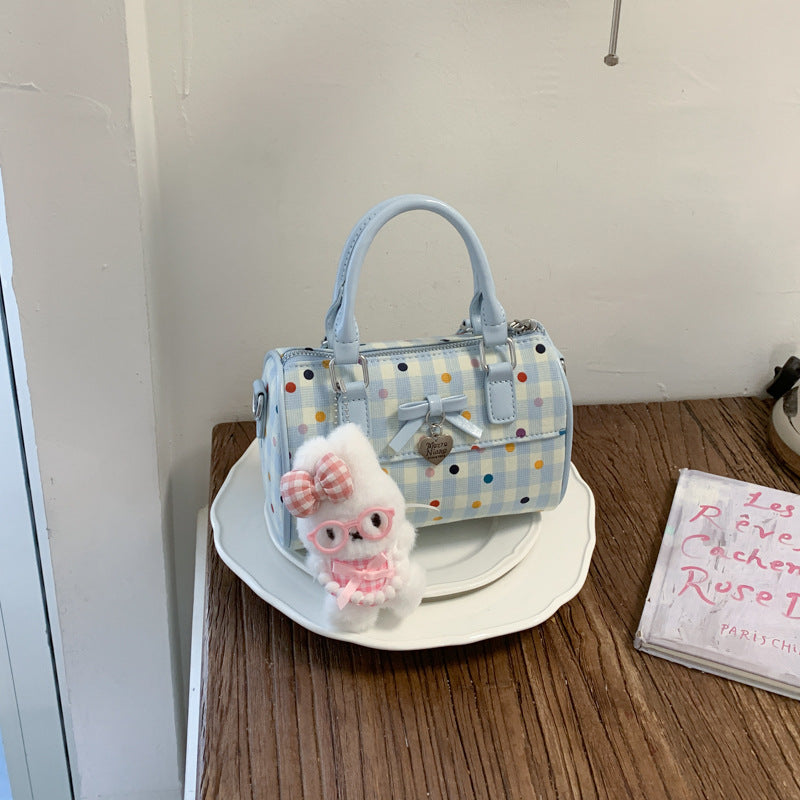 Cute Korean Summer Handbag with Polka Dot Bowknot Design, Soft Cylinder Shape Tote for Daily Use