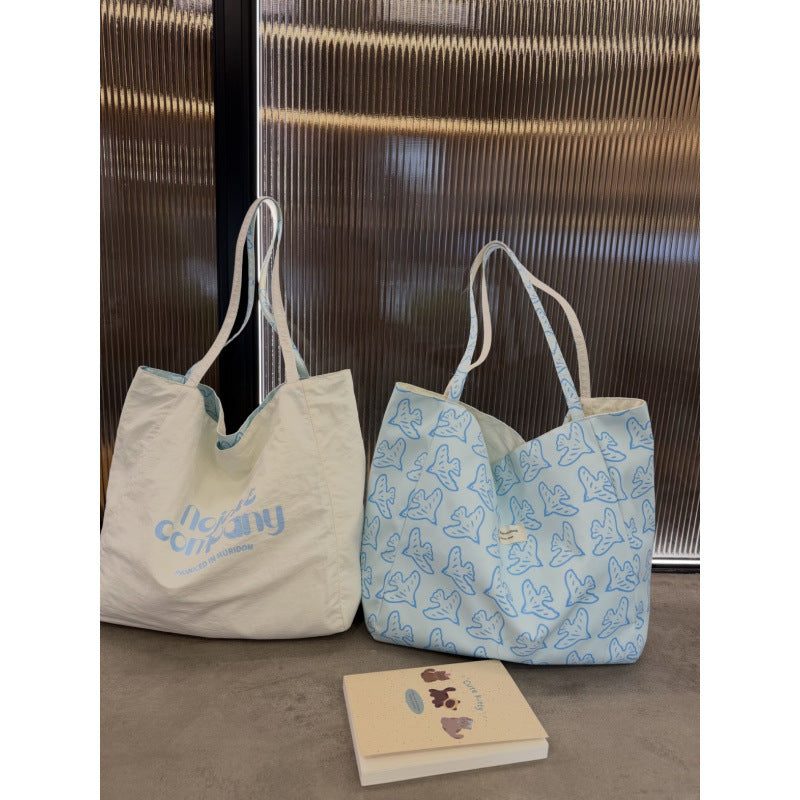 2026 New Spring Fresh Style Large Capacity Tote Bag with Bird Print, Dual-Sided Reversible Design for Casual Travel and Daily Use
