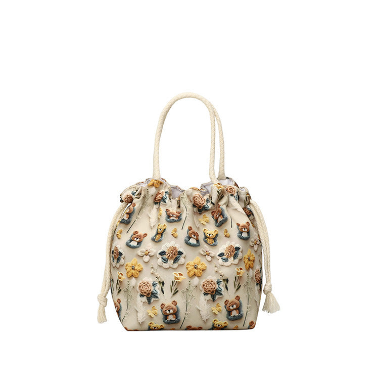 Makeup Bucket Mobile Phone Bag Female Sweet Fresh Pastoral Style Printed Tote Bag Lightweight Drawstring Bundle Bag