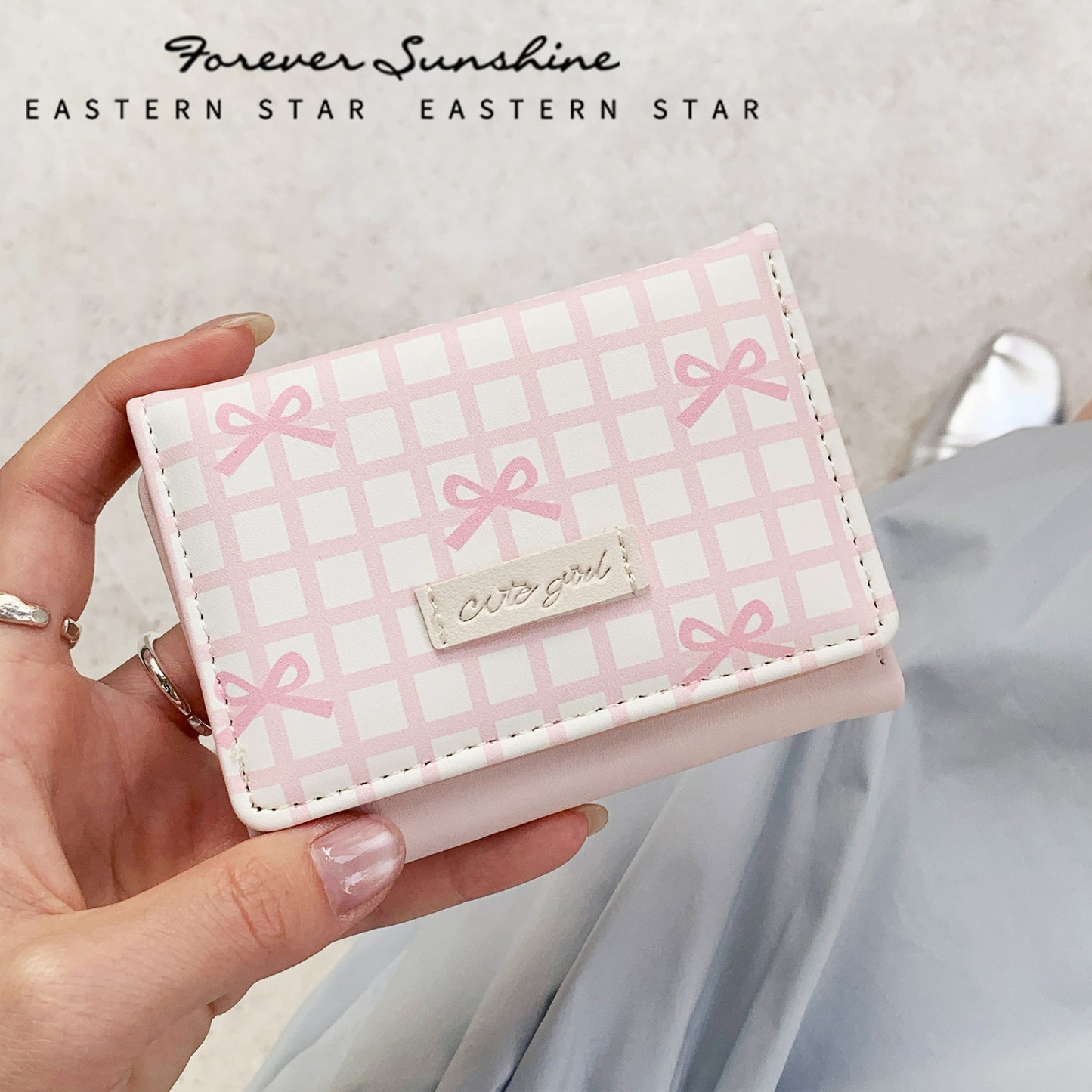 Cute Bow Grid Pattern Trifold Wallet for Women, Sweet and Simple Daily Style