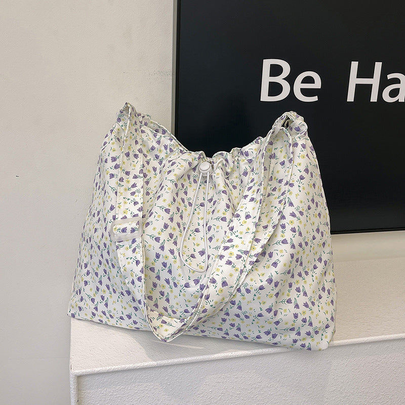 Underarm Bag Summer Drawstring Ruffle Floral Bag Women's New Korean Style Commuter Shoulder Crossbody Tote Bag