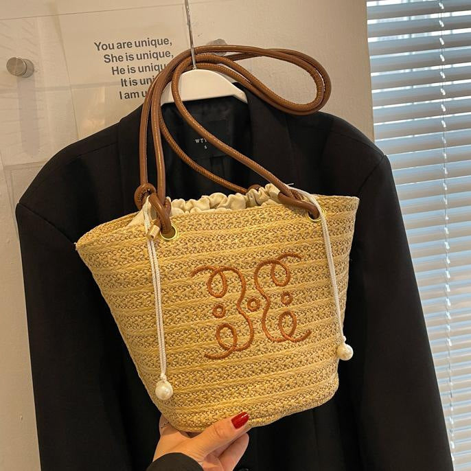 2025 New Fashion Woven Bucket Bag for Women, Retro Style Straw Tote with Pearl Details and Double Handles