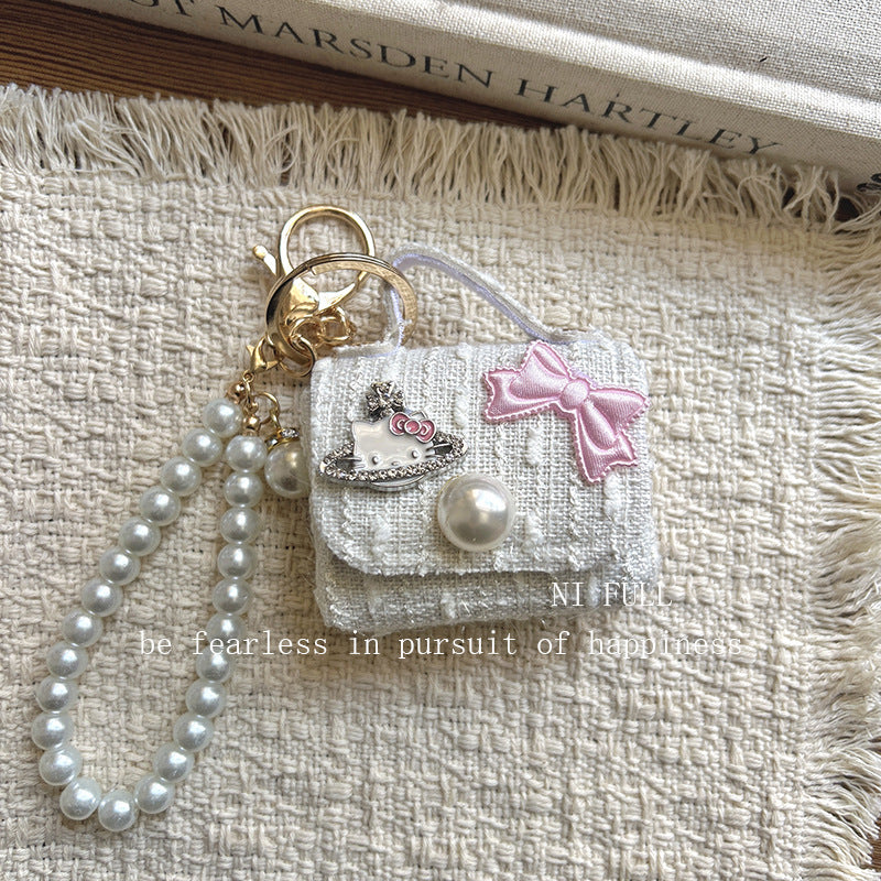 Korean Style New Retro Dots Cartoon Cat Lipstick Pack Pearl Exquisite High Sense Versatile Pendant Keychain for Women