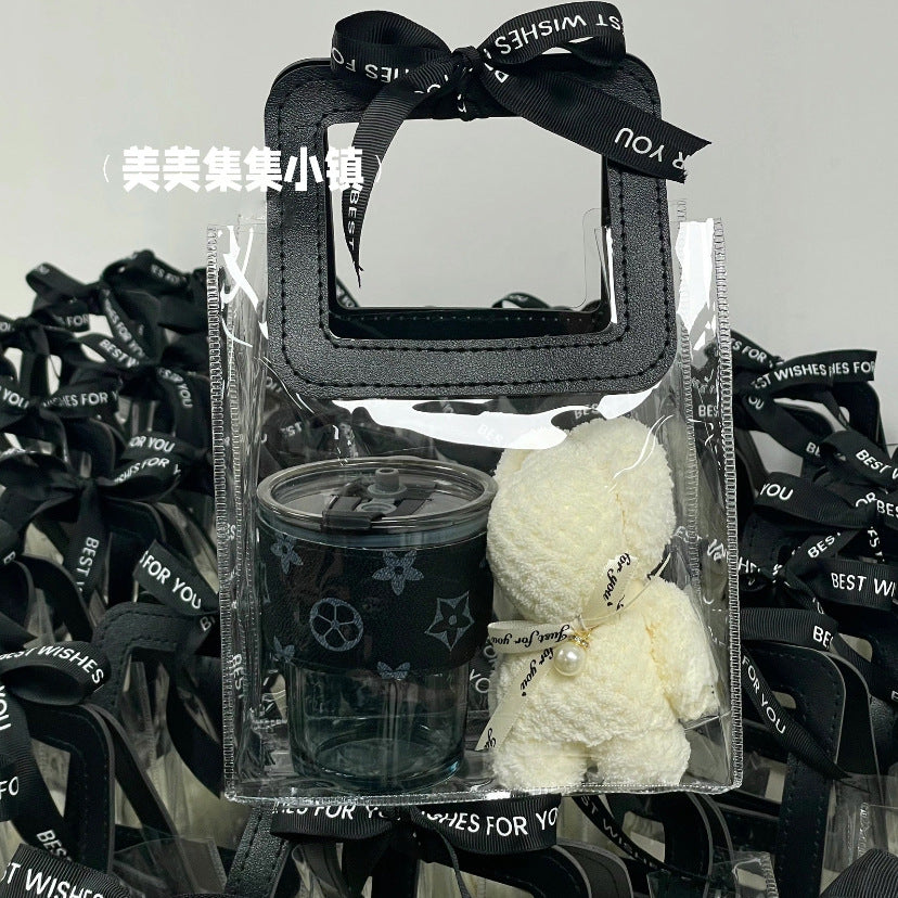 Chic Transparent PVC Tote Bag with Floral Print and Satin Handle for Gift Packaging and Everyday Use