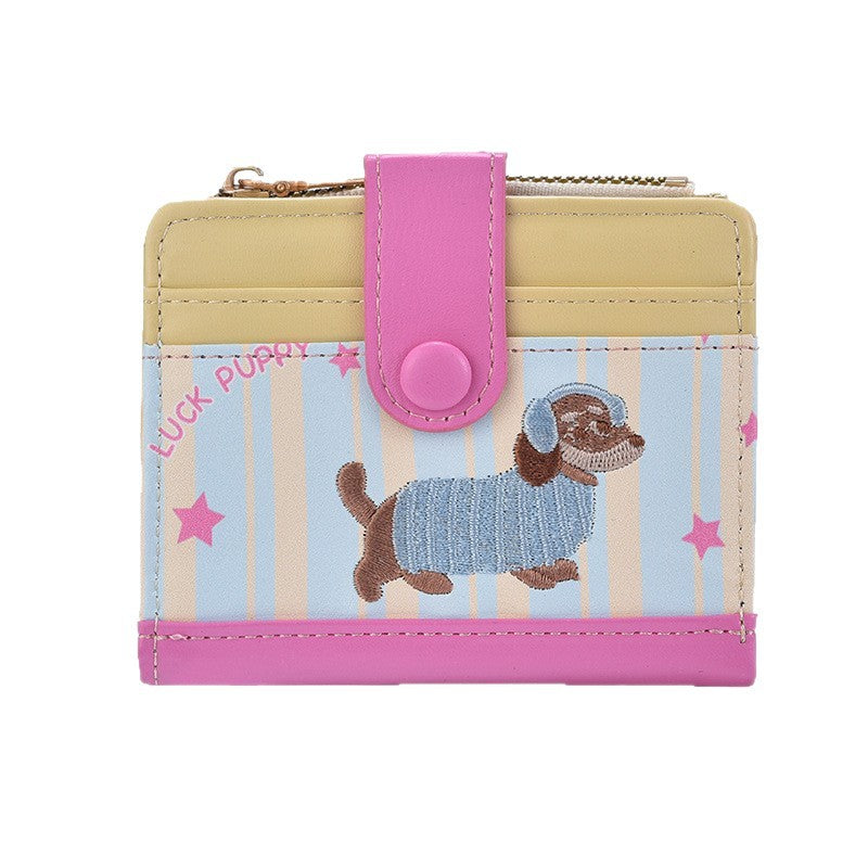 Cute Dachshund Print Wallet with Stripes and Stars, Fashionable Compact Card Holder for Women