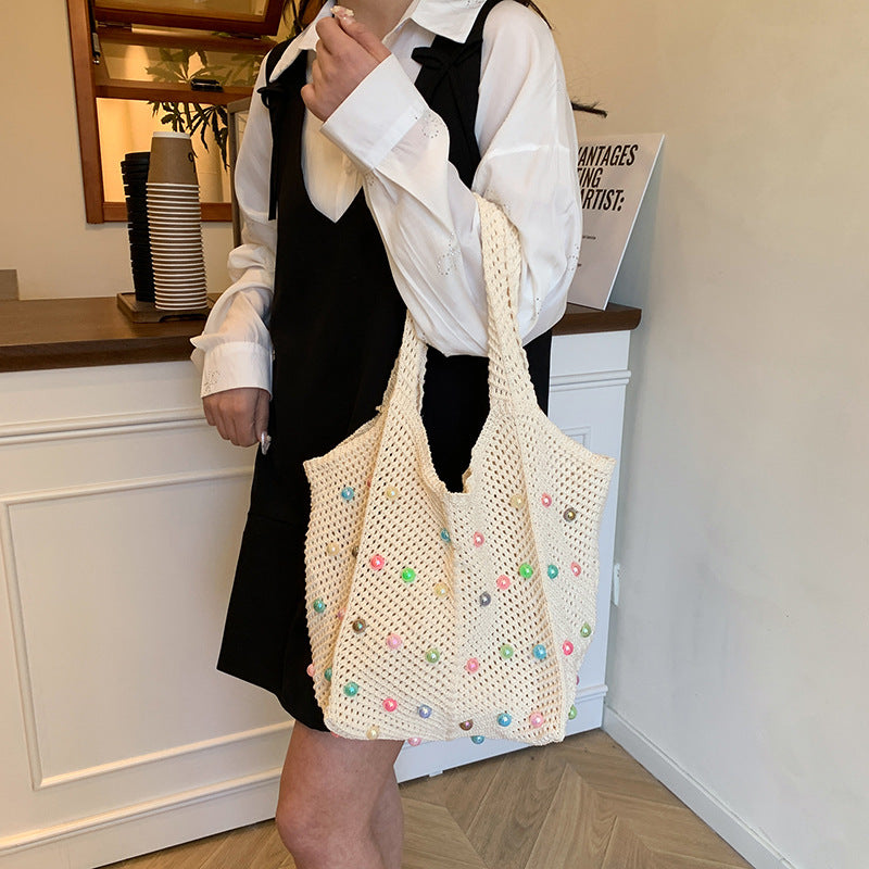 Idle Style Seaside Vacation Weaving Women's Summer New Pearl Hollowed-out Large Capacity Totes