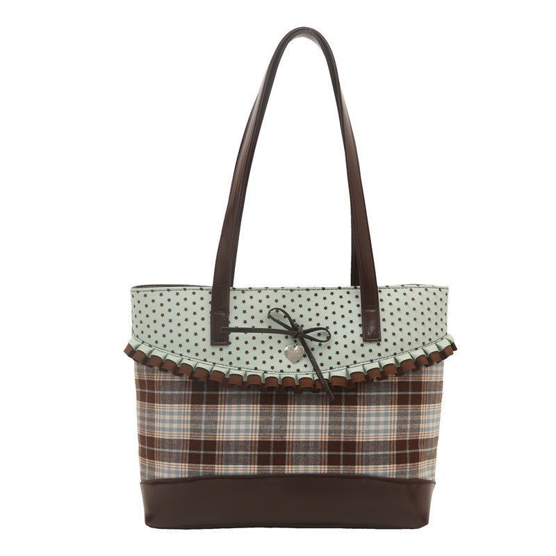 Retro Polka Dot Bow Plaid Tote Bag for Women, Large Capacity Fashionable Shoulder Bag with Elegant Ruffle Design
